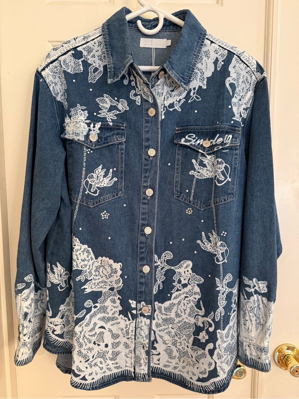 Denim Shirt Jacket with White Floral Lace Rhin